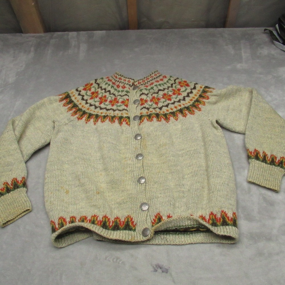 Tronderstua Sweater Unisex Small White‎ Wool Fair Isle Cardigan Ethnic Boho VTG